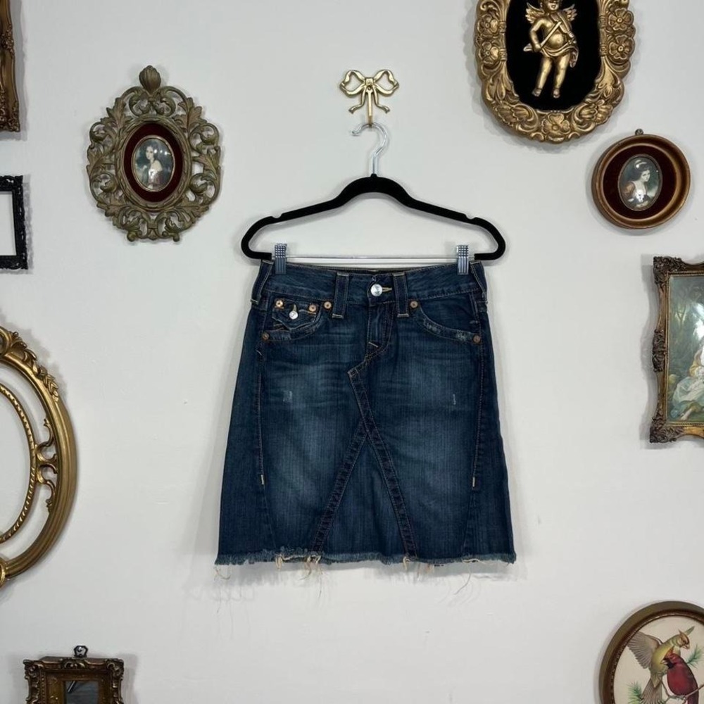 True Religion Denim Skirt – Size 24 – Distressed Hem Y2K Low Rise